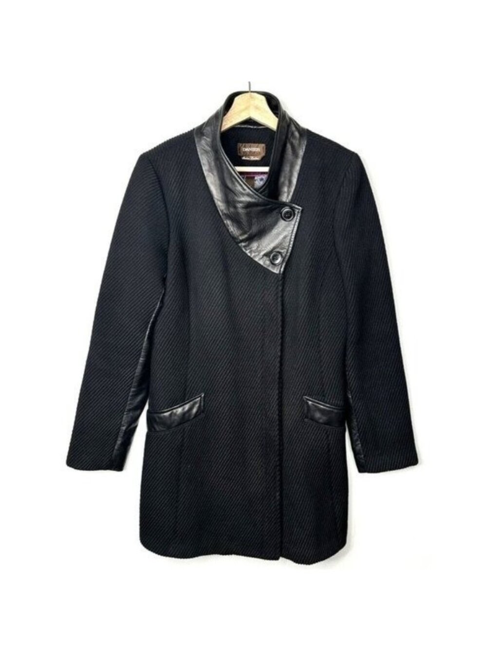 Danier Womens Black Wool Coat S Asymmetrical Italian Leather Trim Lined Button